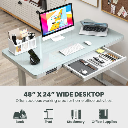 Giantex Glass Standing Desk with Drawer, 48" x 24" Height Adjustable Electric Stand Up Desk with Tempered Glass Top, 2 Memory Positions & USB Type-C Outlets, Sit Stand Desk for Home Office, W - WoodArtSupply