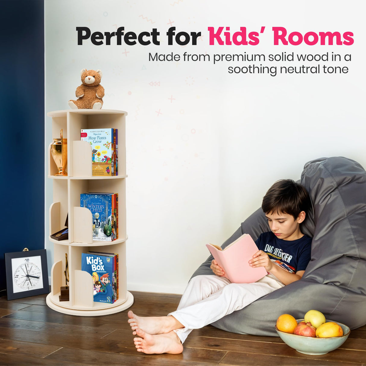 Rotating Kids Bookshelf – 3-Tier 360° Spinning Bookcase Tower, Solid Pine Wood, 12 Cubbies, Toddler Bookshelf Organizer & Lazy-Susan Storage for Nursery, Classroom or Playroom (Natural Finish) Sprinta