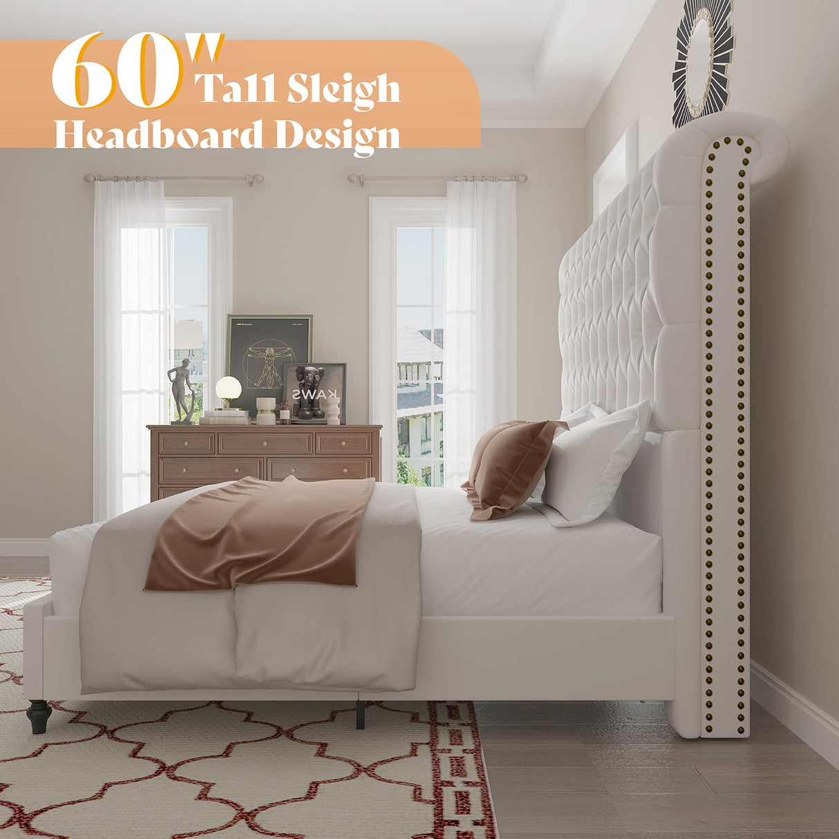 AMERLIFE King Size Bed Frame 60" Tall Sleigh Headboard Bed with Velvet Upholstered Platform, No Box Spring Needed, Cream AMERLIFE