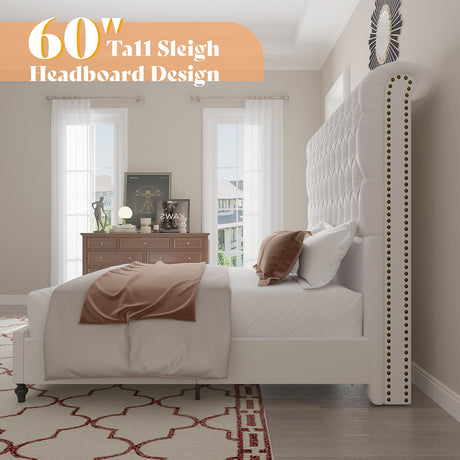 AMERLIFE King Size Bed Frame 60" Tall Sleigh Headboard Bed with Velvet Upholstered Platform, No Box Spring Needed, Cream AMERLIFE