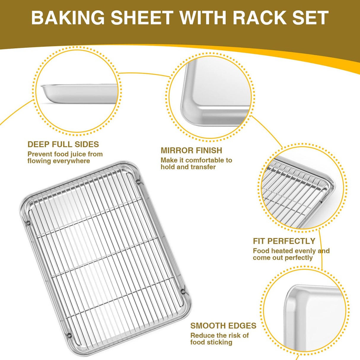 Wildone Baking Sheet with Rack Set (3 Pans + 3 Racks), Stainless Steel Baking Pan Cookie Sheet with Cooling Rack, Non Toxic & Heavy Duty & Easy Clean Wildone