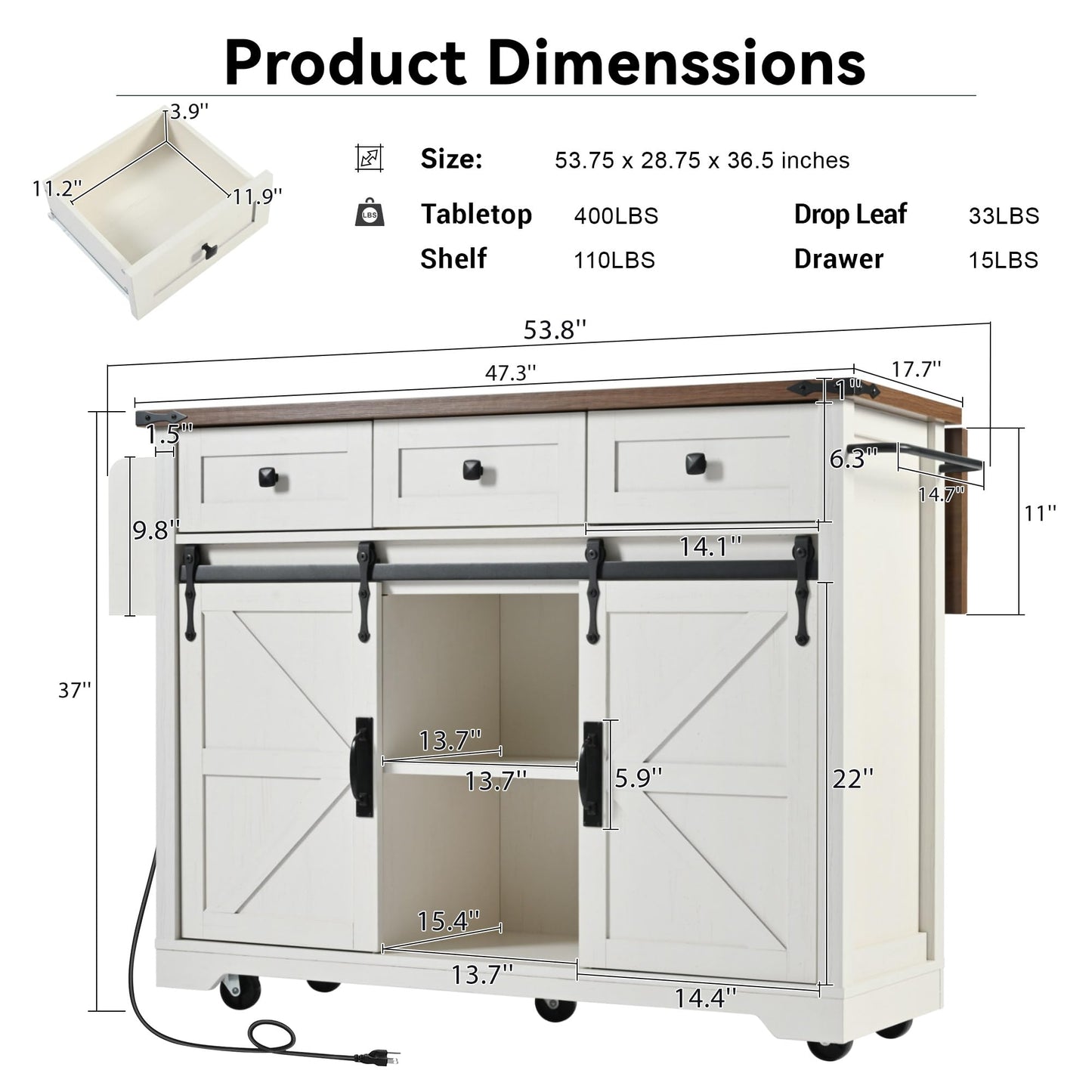 Tdewlye Farmhouse Kitchen Island with Power Outlet, 2 Sliding Barn Door Kitchen Storage Island with Drop Leaf, Spice Rack Rolling Kitchen Cart on Wheels, for Kitchen,Dining Room (White-@1)