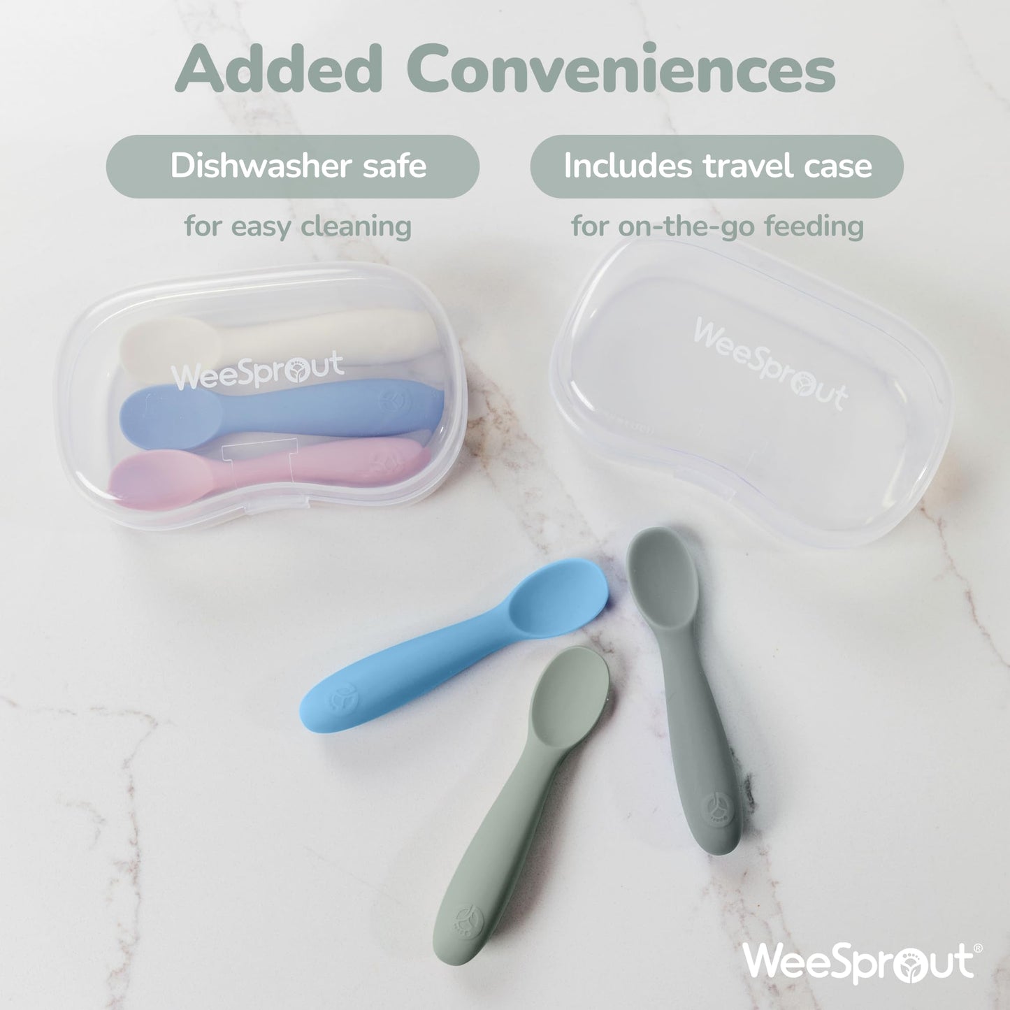 WeeSprout Baby Spoons for Self Feeding 6 Months +, Soft & Durable Silicone Utensils for Sensitive Gums & Teeth, Easy Grip Handles & Shorter Length for Little Hands, 3 Pack + Carrying Case