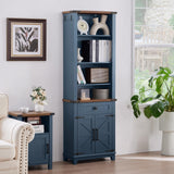 Joaxswe 72in Tall Bookshelf 7 Tier Bookcase with Drawer and Barn Doors and Adjustable Shelves, Blue Farmhouse Book Shelf with Storage Cabinet, Wood Freestanding Display Bookshelves for Living Room Joaxswe