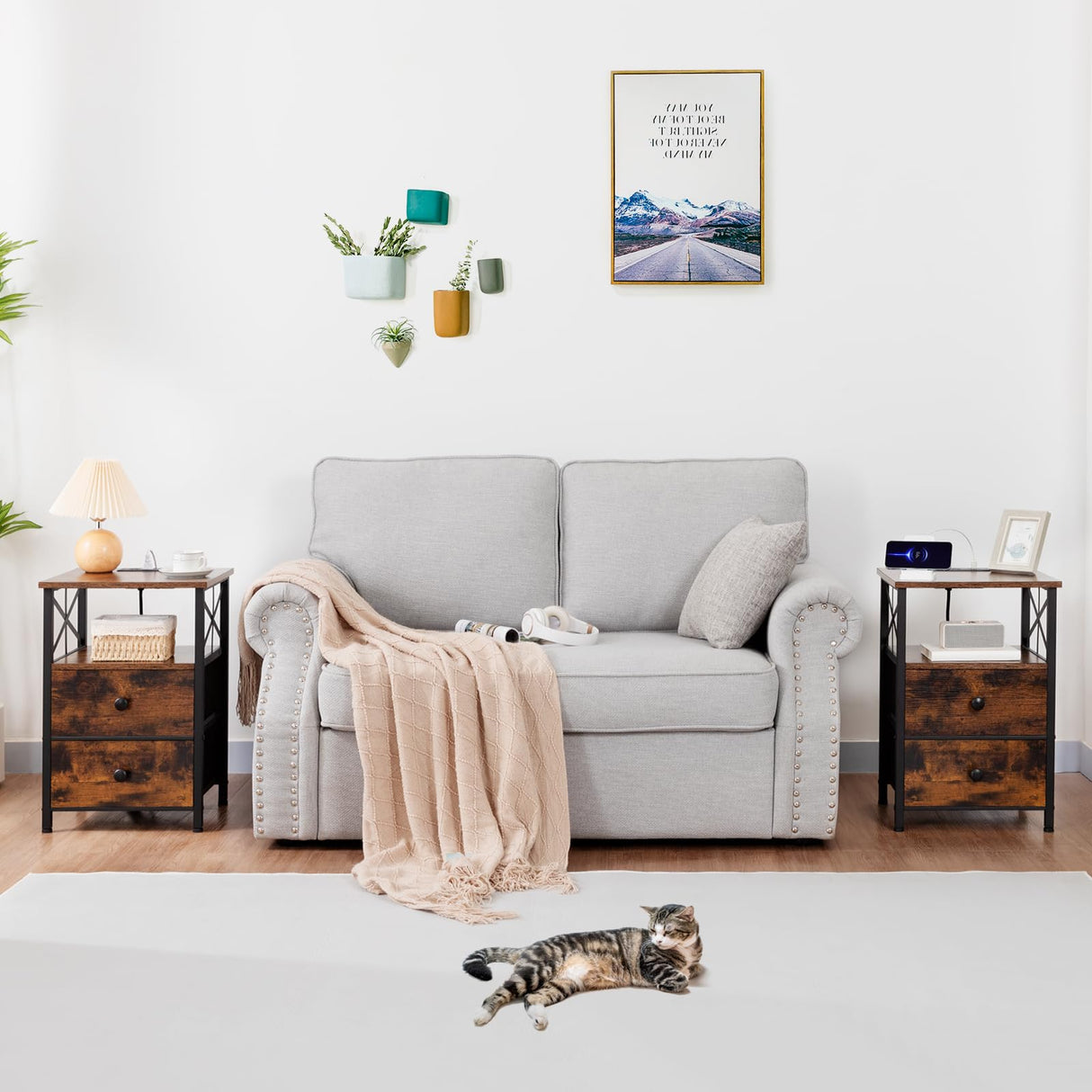 AMHANCIBLE Night Stand Set 2, LED Nightstand with Charging Station, End Tables Living Room with Fabric Drawers, Bedside Table for Bedroom, Rustic Brown, HET052LBR AMHANCIBLE