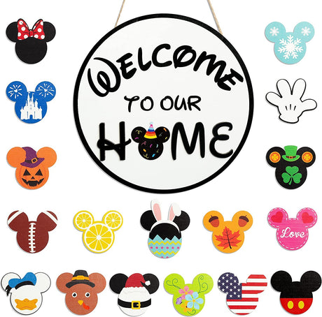 SUPYFD 19Pcs Cute Mouse Interchangeable Seasonal Welcome Door Sign for Front Door Decor, Welcome to Our Home Sign with Interchangeable Holiday Pieces for Farmhouse/Wall/Porch Decor and Housewarming SUPYFD