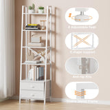 Furologee 5-Tier Ladder Shelf with 2 Drawers,Narrow Bookshelf Storage Shelves,Industrial Bookcase Freestanding Shelf Units for Bedroom,Living Room,Bathroom,Home Office,Balcony,Wood Metal, White Furologee