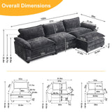 Karl home Sectional Sofa Modular Deep Seat Sofa Couch with Ottoman, Chenille Sofa Sleeper Comfy Upholstered Furniture for Living Room, Apartment, Studio, Office, (3-Seat & 1-Ottoman, Black) Karl home