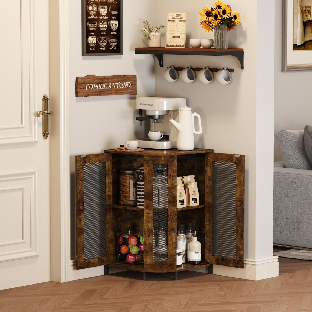 keomaisyto Coffee Bar Cabinet, 3-Tier Corner Coffee Cabinet with Storage Shelf & 18.7" Countertop, Rustic Wood Coffee Bar Station with Magnetic Door for Kitchen/Entrance/Living Room/Dining Room keomaisyto