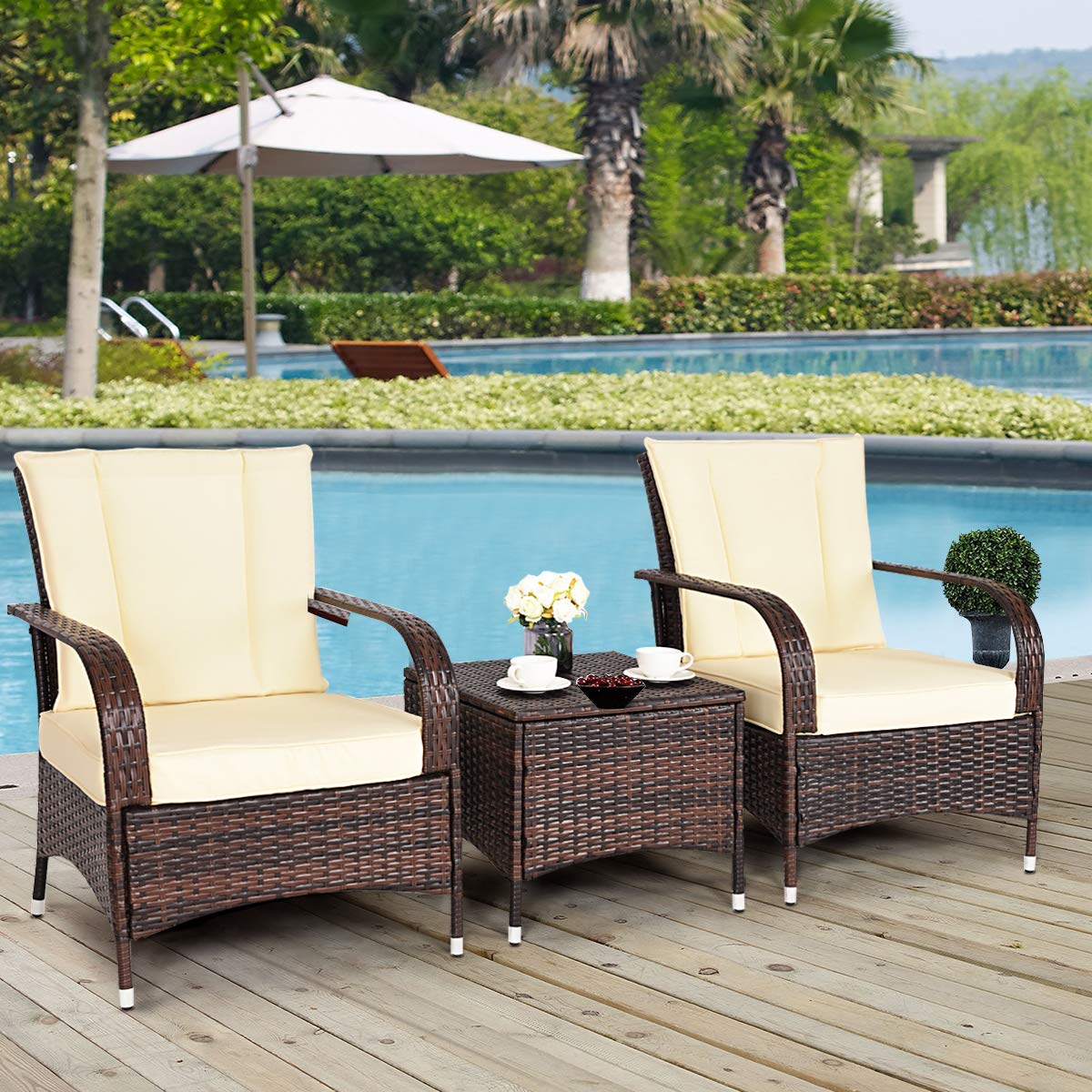 Tangkula 3 Piece Patio Furniture Set, 2 Wicker Chairs with Glass Top Coffee Table, Outdoor Garden Porch Poolside Furniture Set for 2, Rattan Conversation Set Tangkula