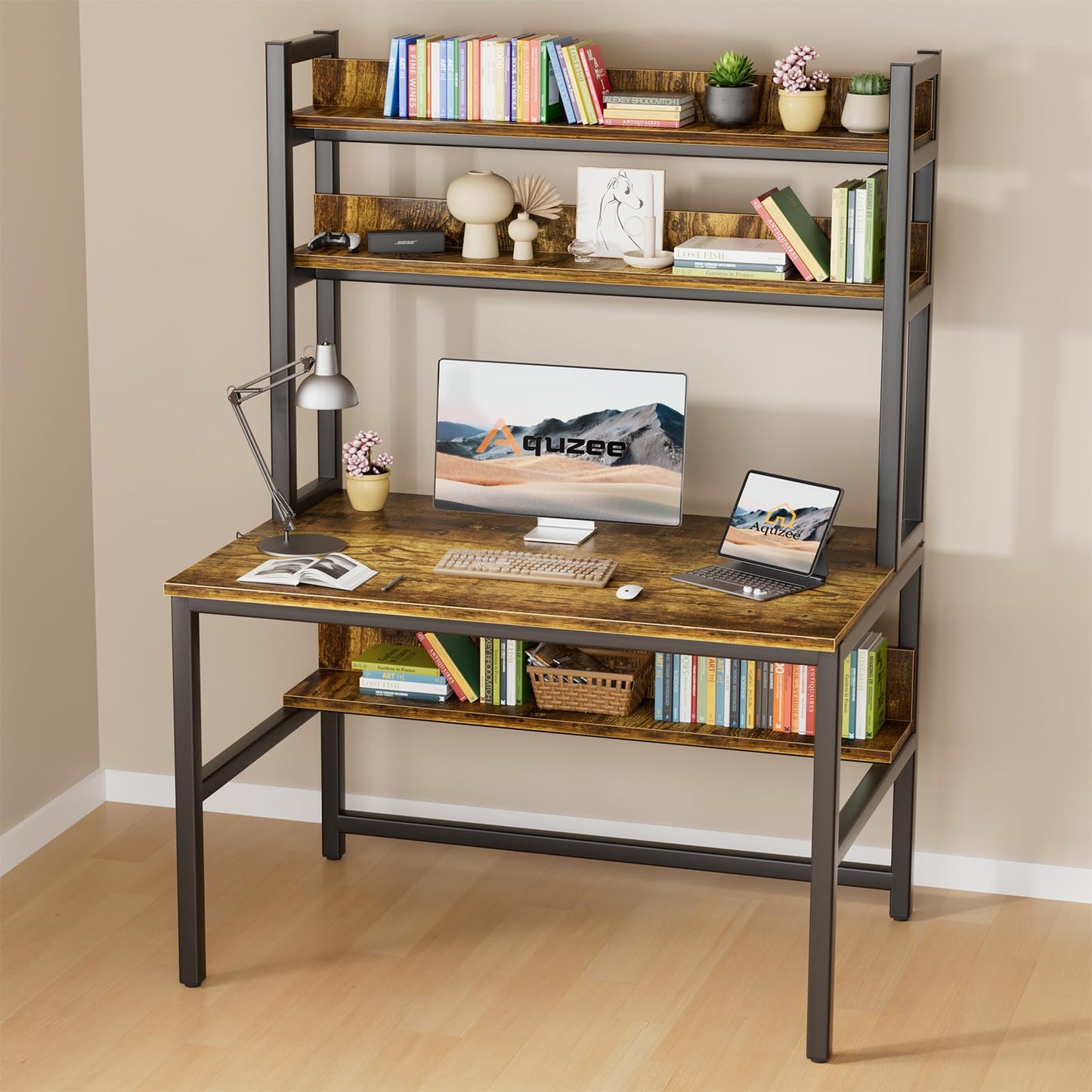 Aquzee 55 Inch Rustic Brown Computer Desk with Hutch and Storage Shelves - WoodArtSupply