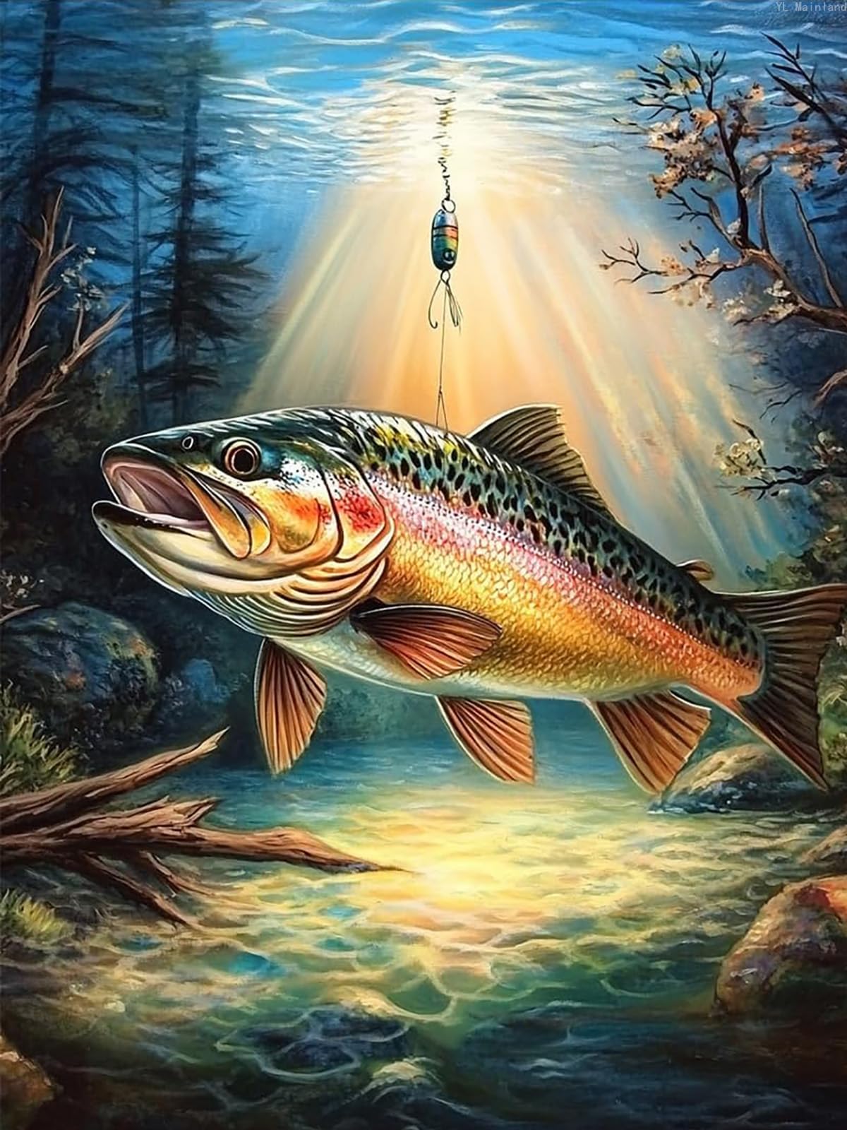 5D DIY Trout Fish Diamond Painting, Father's Day Diamond Art Painting Kit Wall Art Home Decor Bedroom Wall Decoration Handcraft Gift 12x16inch YL Mainland
