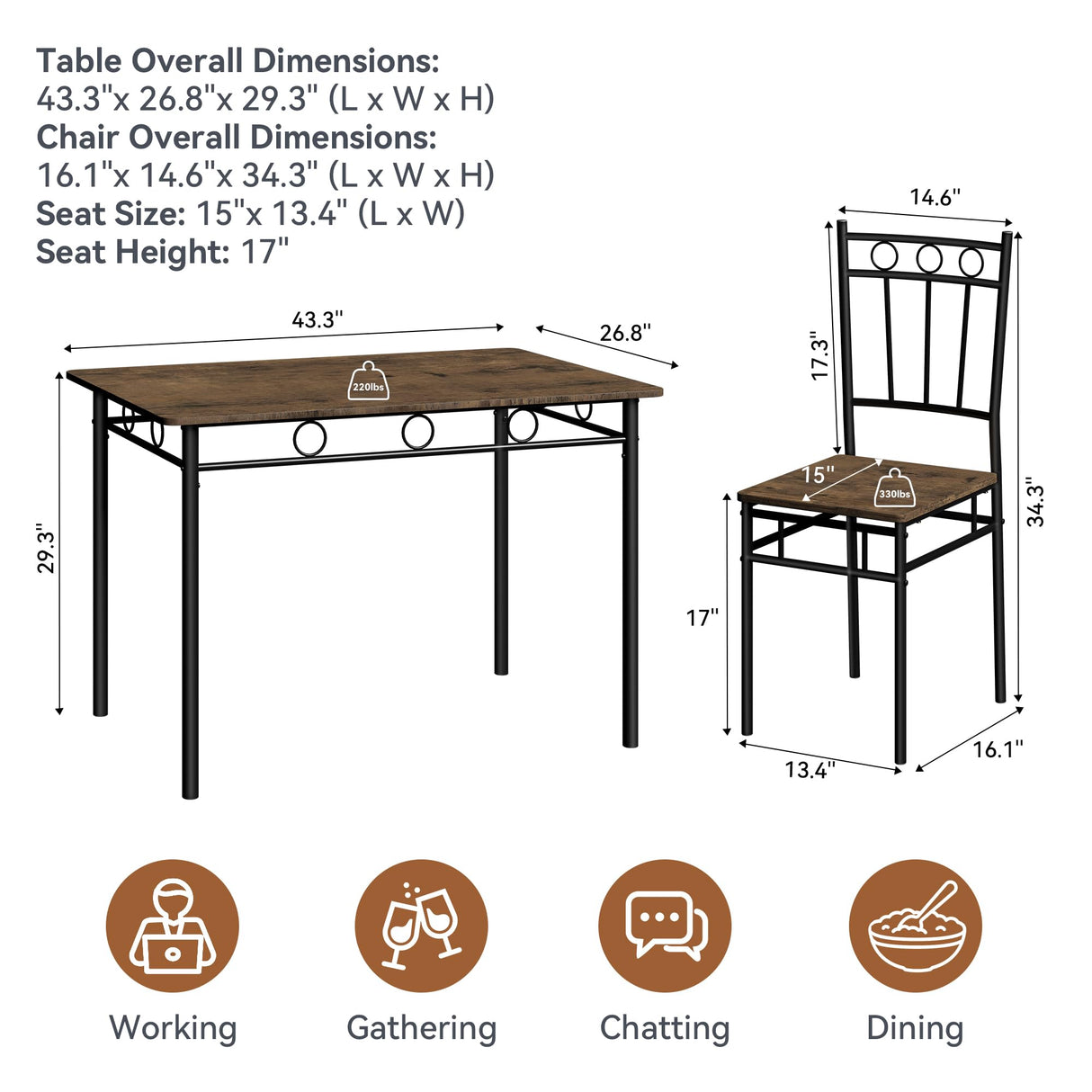 AMICLIBER Dining Table Set for 4, 5-Piece Kitchen Table and Chairs, Rectangular Dining Room Table Set with 4 Chairs, Space-Saving Kitchen Table Set for Small Space,Dinette,Apartment,Retro Brown AMICLIBER