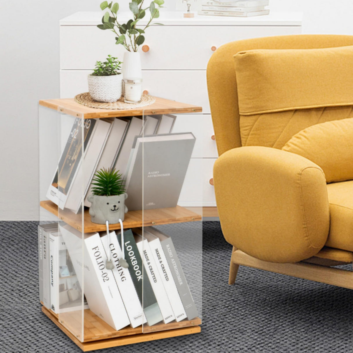 MYOYAY 360° Rotating 2-Tier Acrylic Bookshelf with Doors for Modern Display MYOYAY