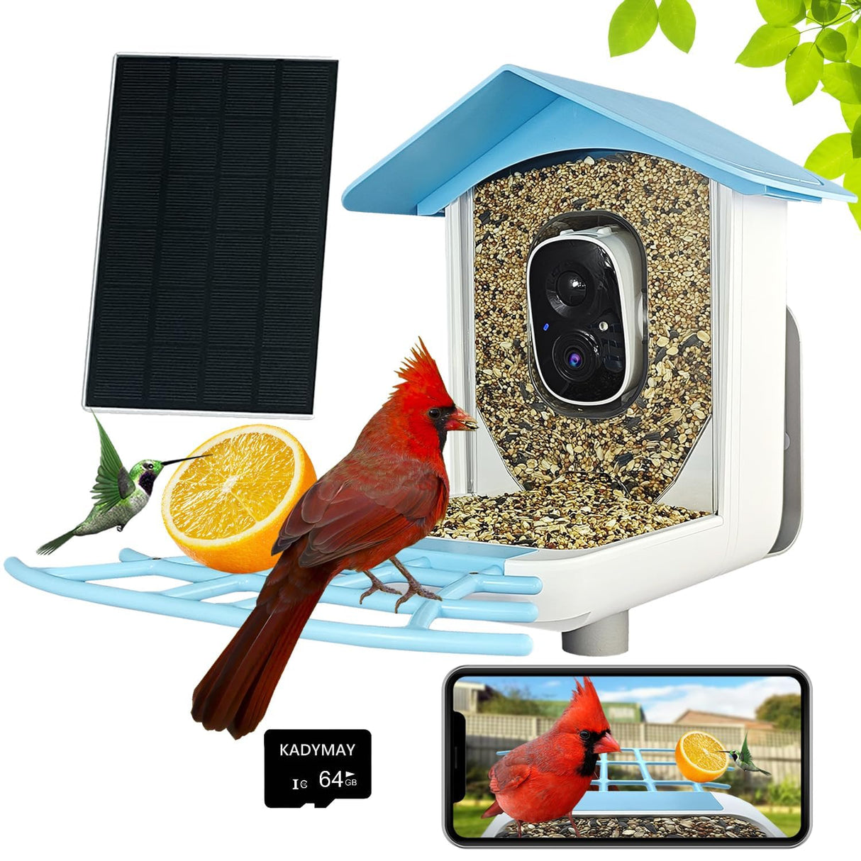 64GB Bird Feeder with Camera, 2K 3MP HD Camera Bird Feeder, AI Identify +10,000 Bird Species, Solar Powered Face Sun, Live Video & Playback on Phone & Tablet, Smart Wild Bird Watching Gifts Kadymay