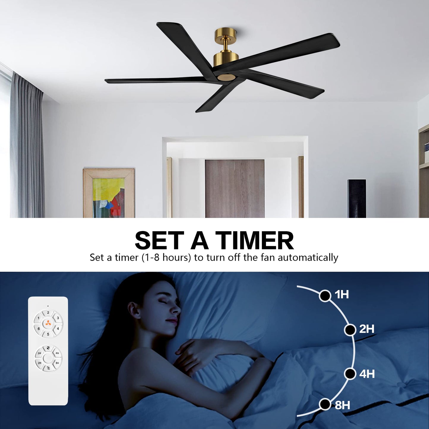 WINGBO 54 Inch DC Ceiling Fan without Lights, 5 Reversible Carved Solid Wood Blades, 6-Speed Noiseless DC Motor, Ceiling Fan No Light with Remote, Brass Finish with Black Blades, ETL Listed - WoodArtSupply