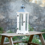 Bdor 2 Pack 26in Farmhouse White Waterproof Wood Metal Decorative Lanterns with Remote Control, Timer, Tempered Glass, Flameless Pillar Candles, Decorative Lanterns for Front Porch, Wedding Bdor