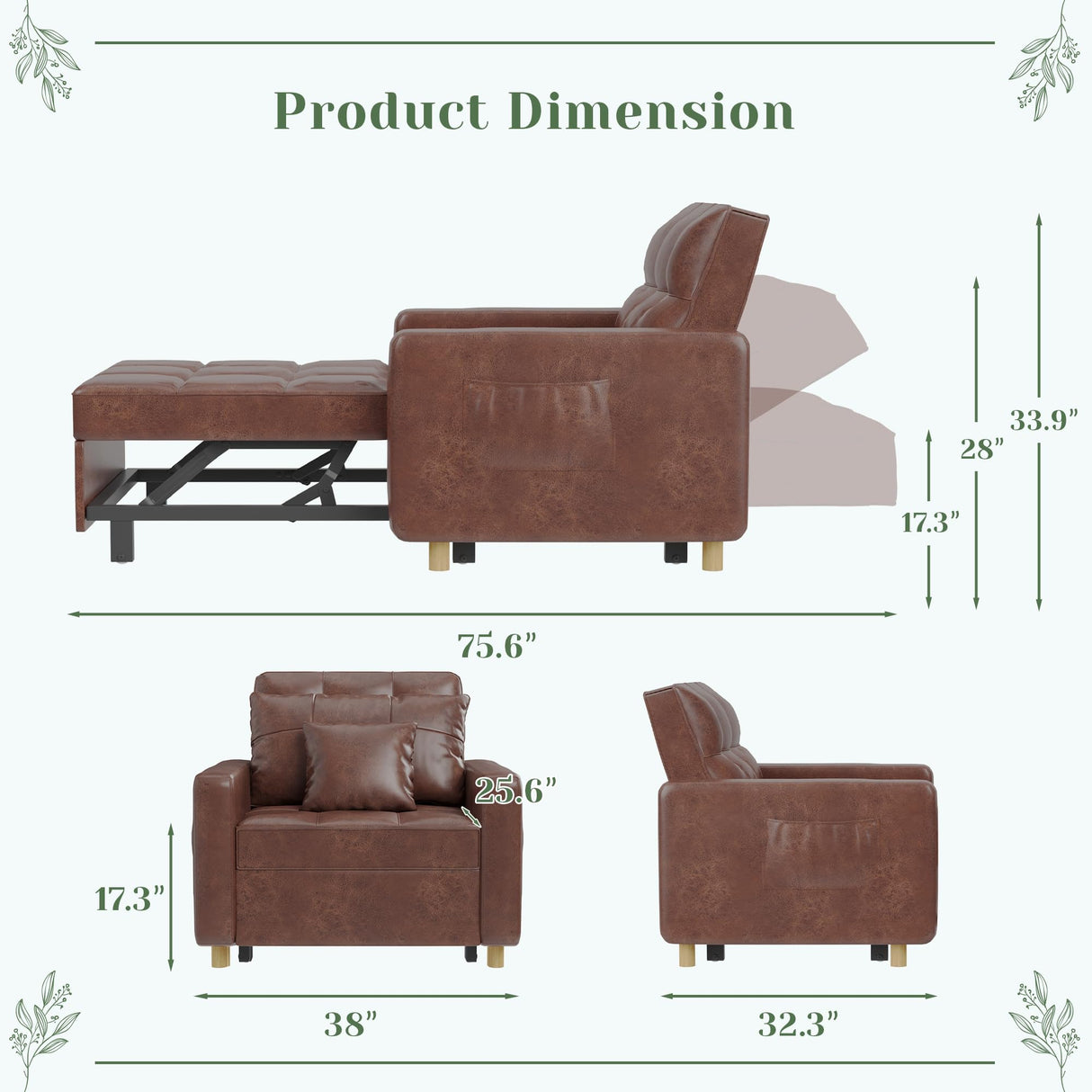 Esright Futon Chair Bed, 3-in-1 Pull-Out Sleeper Sofa Reading Chair for Adults, Convertible Sofa Chair with 3-Level Backrest for Small Space, Dorm, Living Room, Apartment, Office, Saddle Brown Esright