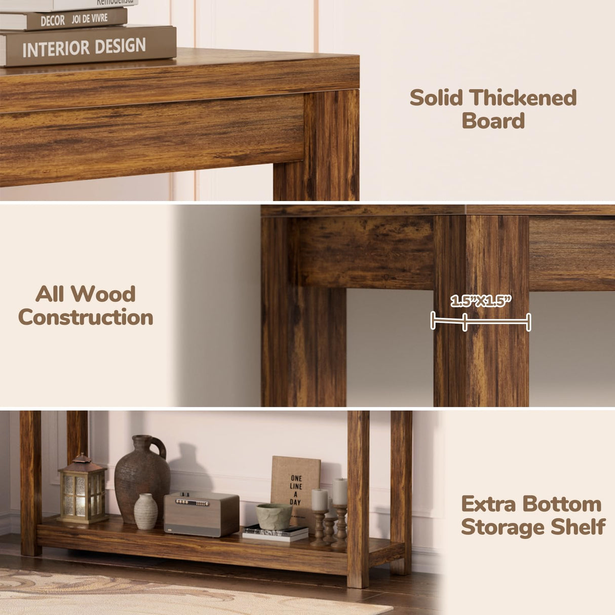 Besiost 47" Farmhouse Wood Entryway Table Narrow Console Table with Storage Behind Couch Sofa Table with Shelves Entry Way Table with Open Storage, Easy Assembly, Rustic Brown Besiost