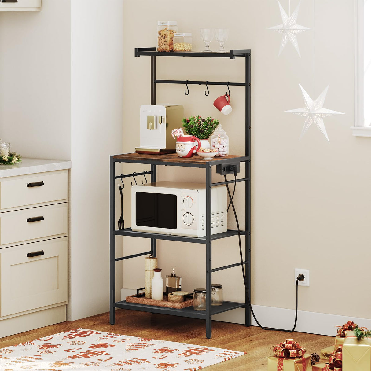 MAHANCRIS Bakers Rack with Charging Station, Microwave Stand with 6 S-Shaped Hooks, 4-Tier Storage Rack, Practical Coffee Bar, for Kitchen, Dining Room, Rustic Brown BRHR35E01 MAHANCRIS
