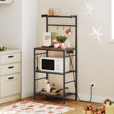 MAHANCRIS Bakers Rack with Charging Station, Microwave Stand with 6 S-Shaped Hooks, 4-Tier Storage Rack, Practical Coffee Bar, for Kitchen, Dining Room, Rustic Brown BRHR35E01 MAHANCRIS