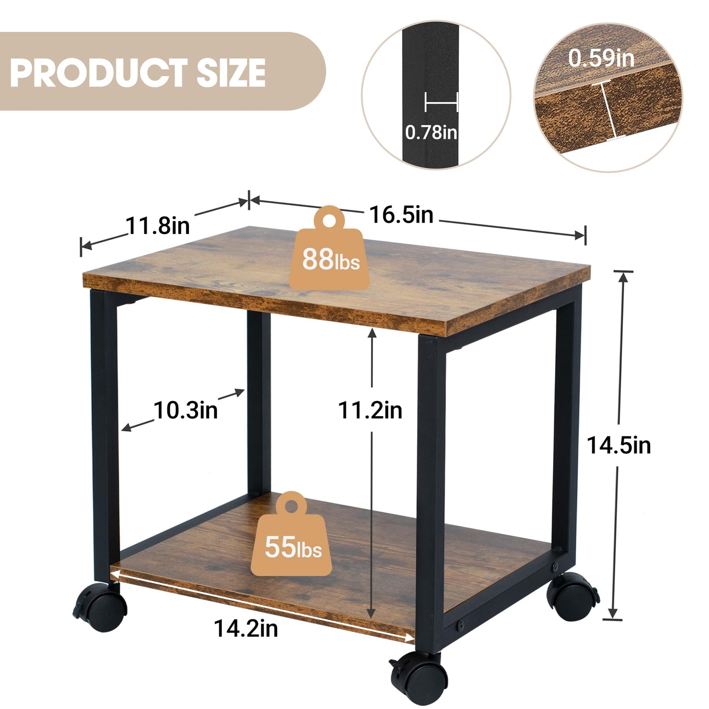 Cakokow Under Desk Printer Stand - 2-Tier Industrial Mobile Printer Table with Storage Shelf, Heavy Duty Wood Rolling Printer Cart with Wheels for Home and Office,Rustic Brown