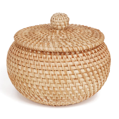 Round Rattan Basket Box with Lid Hand-Woven Wicker Basket Bin Multi-Purpose Wicker Tray 6.3Inch Picnic Food Bread Storage Basket (16x13cm) Lilacooqinn