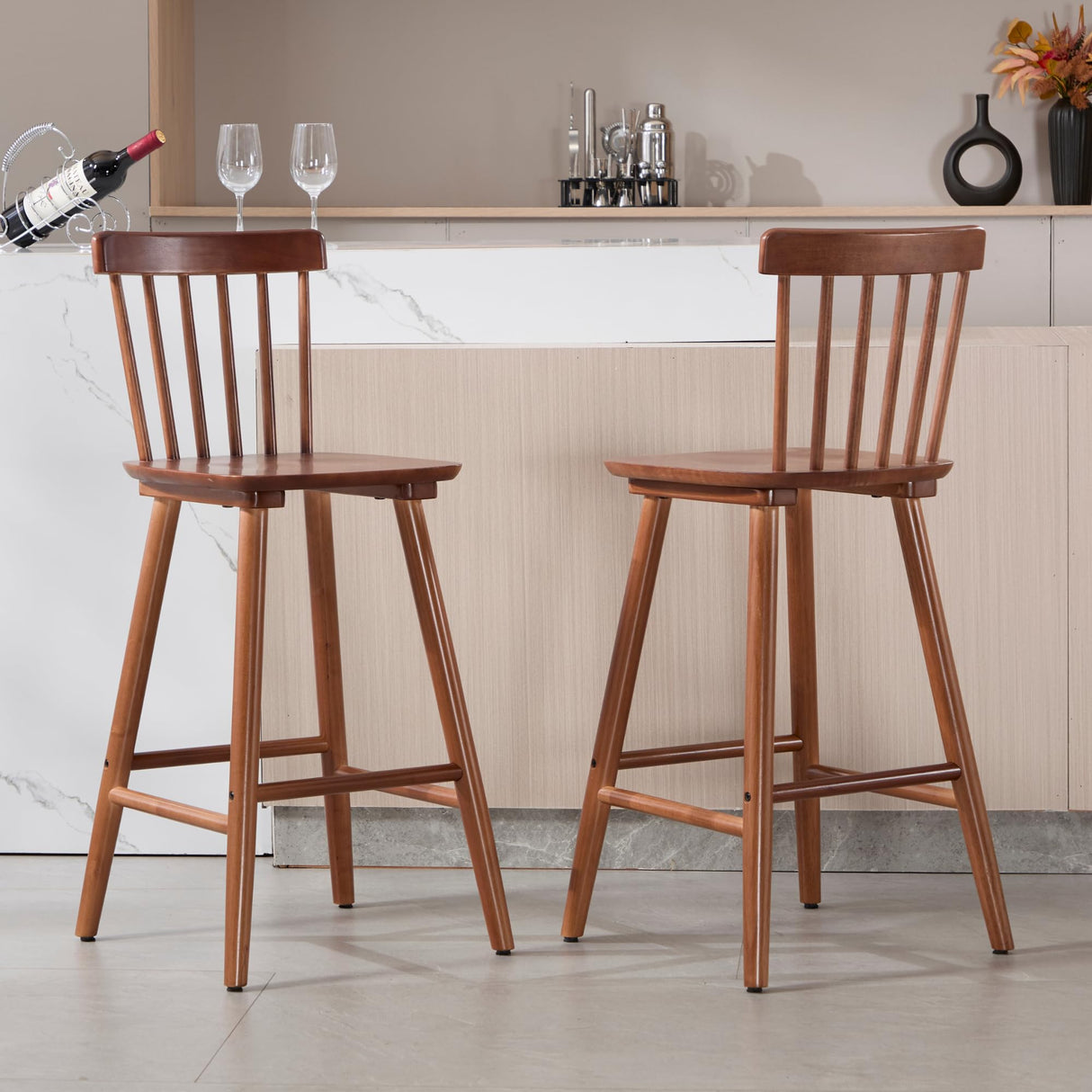 Janoray 26 Inch Bar Stools Set of 2 Windsor Barstools Farmhouse Wooden Counter Height Barstool with Spindle Back Armless Barchair for Kitchen Island/Pub/Cafe/Outdoor, Walnut Janoray