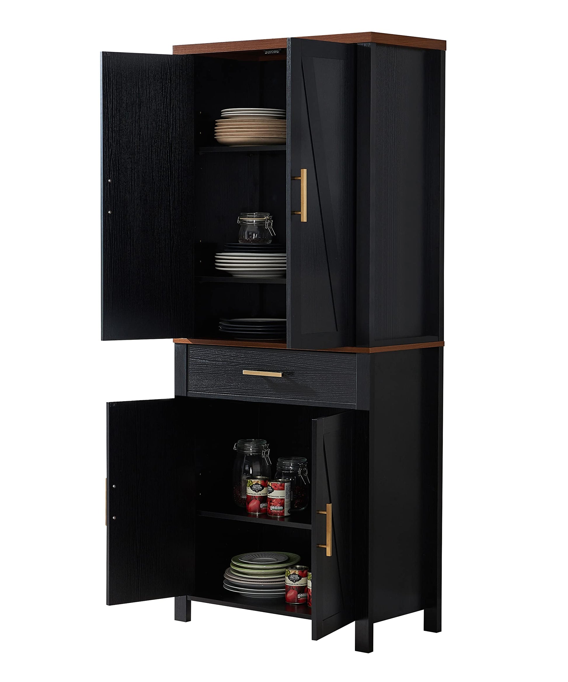 KB Designs - 72" Black Wood Freestanding Kitchen Pantry Storage Cabinet Cupboard with Doors Adjustable Shelves & Drawer - WoodArtSupply