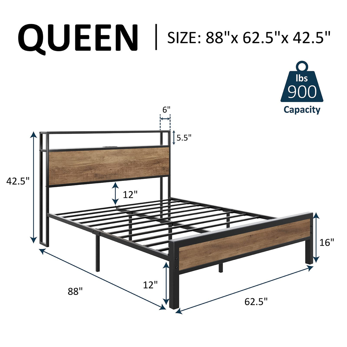 AMERLIFE Queen Size Bed Frame Industrial Platform Bed with Charging Station, 2-Tier Storage Headboard/No Box Spring Needed/Noise-Free/Rustic Brown AMERLIFE