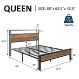AMERLIFE Queen Size Bed Frame Industrial Platform Bed with Charging Station, 2-Tier Storage Headboard/No Box Spring Needed/Noise-Free/Rustic Brown AMERLIFE