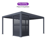 PURPLE LEAF Louvered Pergola 94AS 12' x 14' Outdoor Aluminum Pergola with Fixed Shutter Wall Adjustable Roof for Deck Backyard Grey Hardtop Gazebo, 1 Long Side PURPLE LEAF
