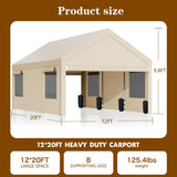 Walsunny Carport, 12x20 ft Heavy Duty Carport Canopy with Roll-up Windows, Portable Garage with Removable Sidewalls & Doors, Car Canopy with All-Season Tarp for Car, Truck, Boat Walsunny