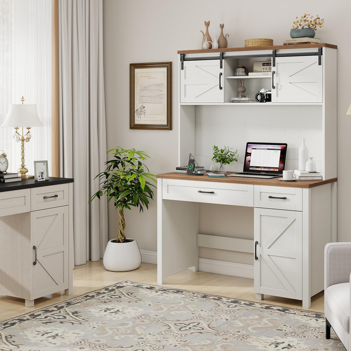 Farmhouse 47" Executive Desk, Computer Desk with 2 Drawers and Storage Cabinet, Home Office Desk with Hutch and Charging Station, Workspace for Work and Study.Brown Vabches