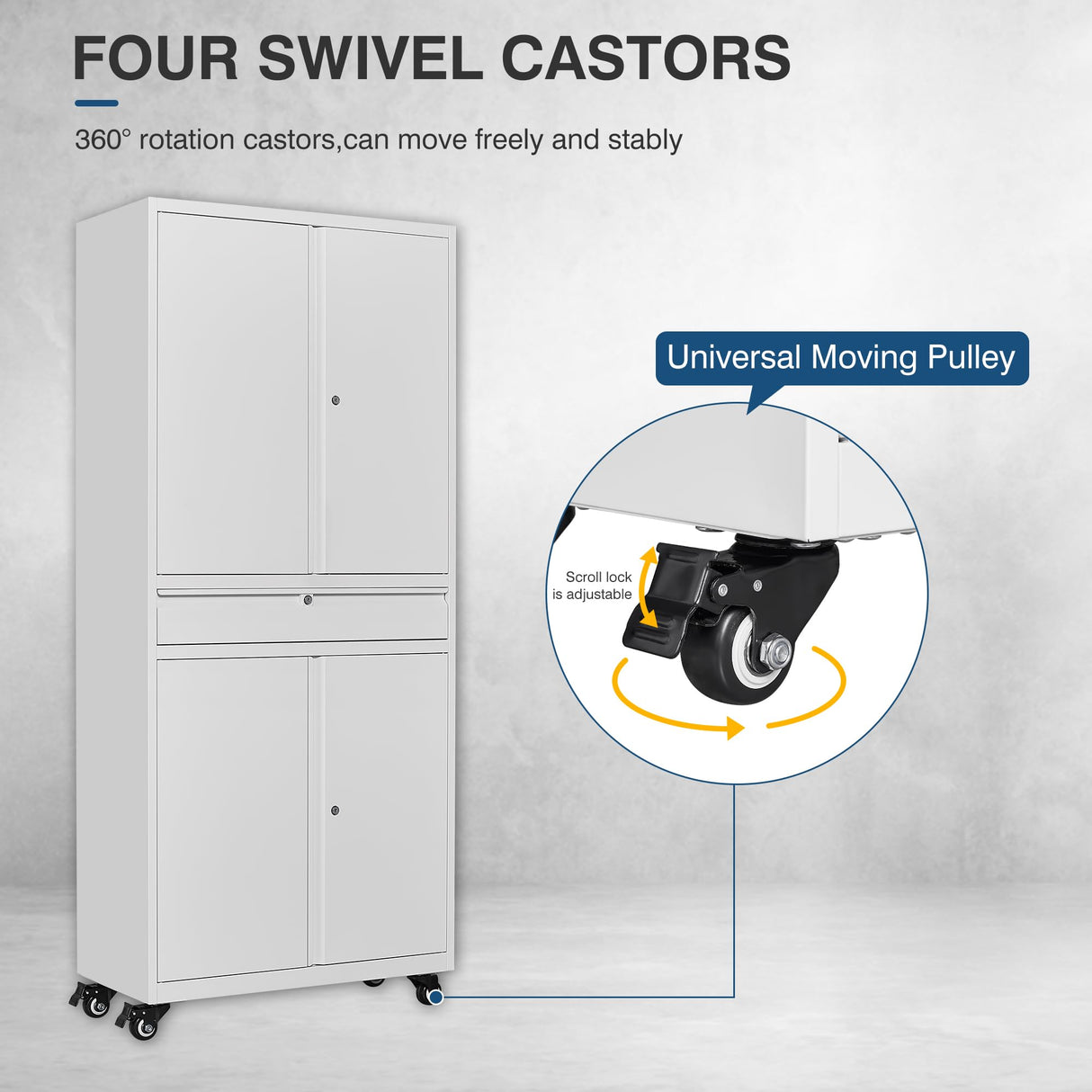 AFAIF White Metal Storage Cabinet with Wheels, 73" Tall Garage Rolling Storage Cabinet with Doors and Shelves, Lockable Tool Cabinet Steel Locking Cabinets for Home Office, Garage, Pantry AFAIF