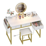 Lufeiya White Makeup Vanity Desk with Mirror and Lights, 40 inch Make Up Vanity Desks with Fabric Drawers & Charging Station, Dressing Table and Chair Set for Bedroom Girls, White Gold Lufeiya