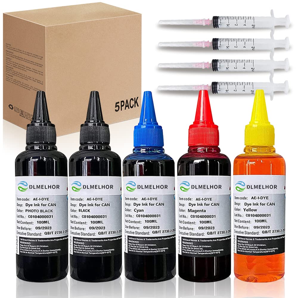 5 Color Set Printers Dye Ink Refill kit for Canon PG240 PG-250 251 CL241 PG245 CL246 PG-243 CL-244 Refillable Ink Inkjet Cartridge PIXMA MG3620 MG2522 MG2525 TS3322 100 ml x 5 with Syringe PBK+BK+CMY