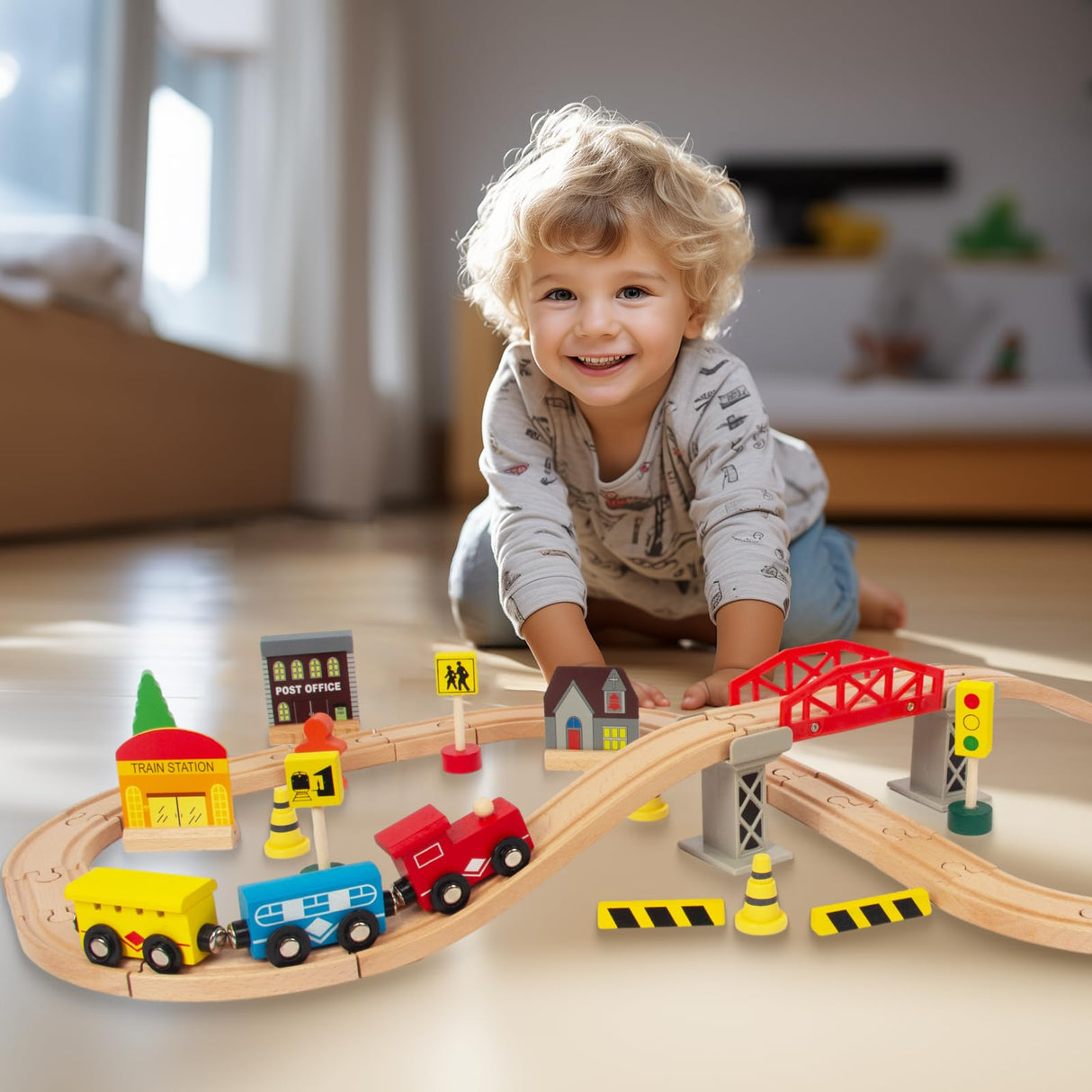 WoodenEdu 60Pcs Train Set for Toddlers, Bridge & Double-Side Wooden Train Set Tracks, Fits Brio, Thomas, Melissa and Doug, Kids Gift Toys for 3 4 5 Years Old Boys Girls WoodenEdu