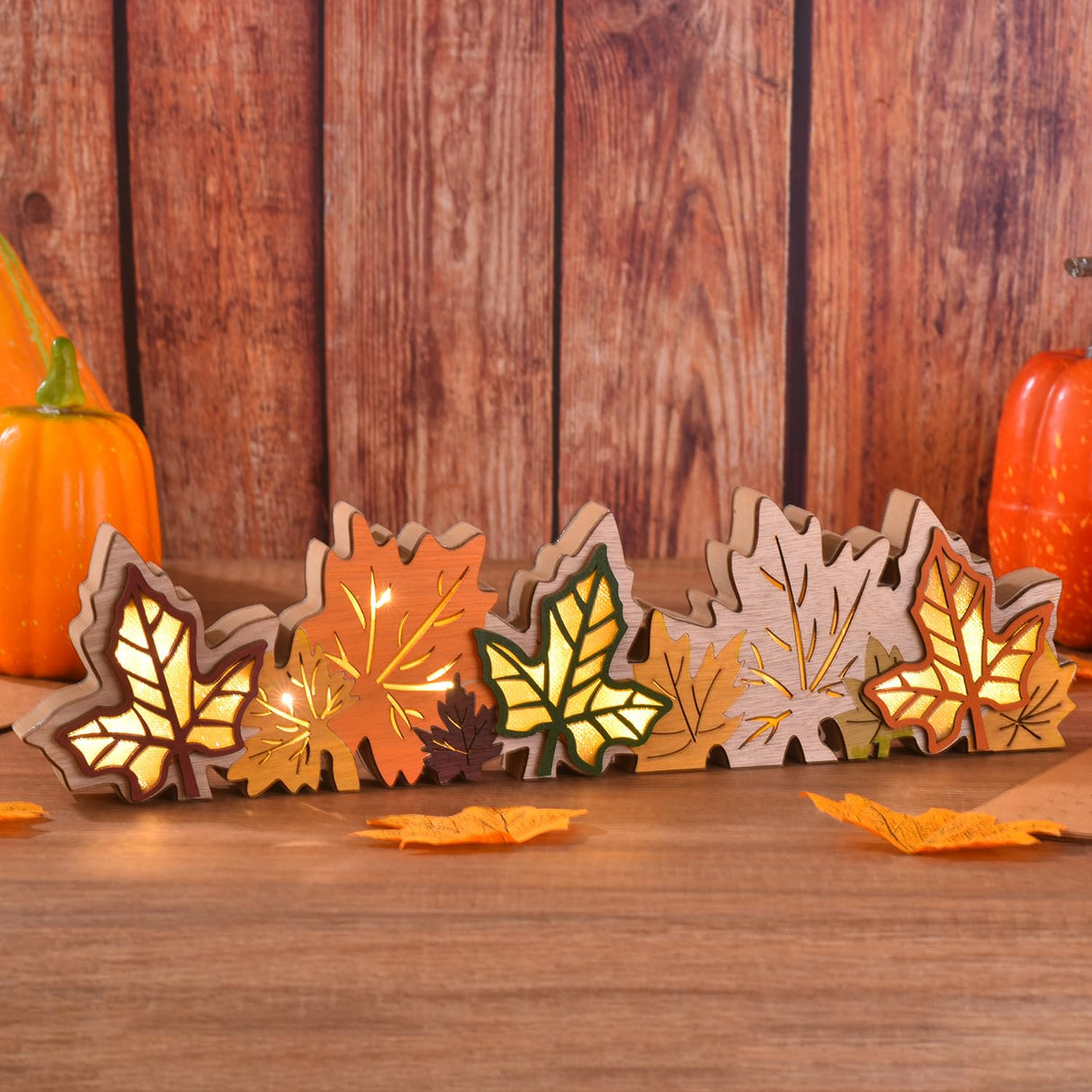 GHOSTMAGIC Lighted Fall Maple Leaves Signs Table Centerpieces Thanksgiving Wooden Block Sign Decorations 3D Wood Autumn Harvest Farmhouse Decor with Led Lights for Home Desk Office Party (Fall Leaves) GHOSTMAGIC