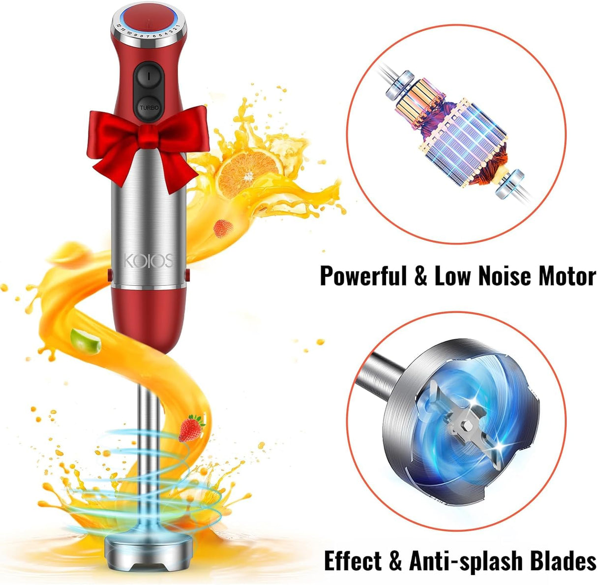 KOIOS 5-in-1 Hand Immersion Blender, 1000W 12 Speed Handheld Blender, Copper Motor Stainless Steel Blade Stick Blender,600ml Mixing Beaker,500ml Food Processor, Whisk, Milk Frother, BPA-Free, Red KOIOS