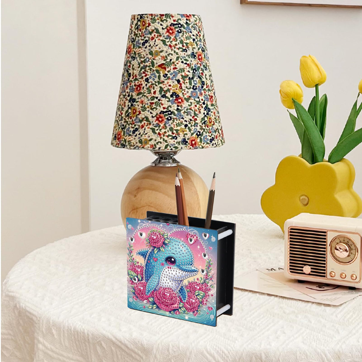 JZHYOAN Dolphin Diamond Art Pen Holder, DIY Diamond Pencil Storage, Study, Office Painting Special Pencil Box, Common Storage for Desks, Suitable for Study Rooms and Bedrooms JZHYOAN