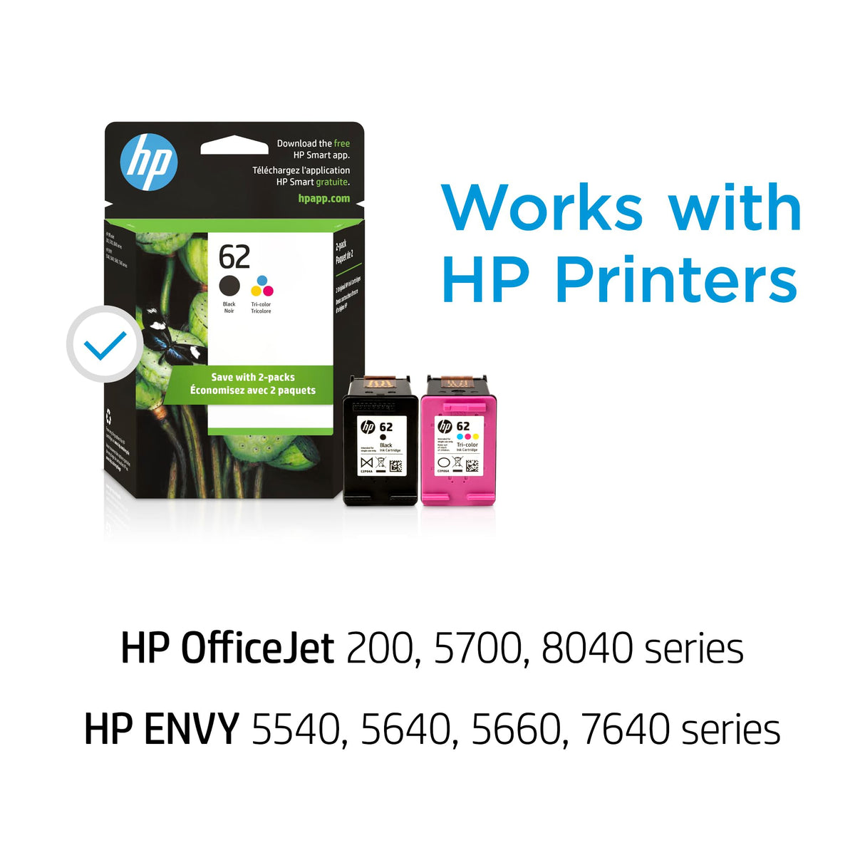 HP 62 Black/Tri-color Ink (2-pack) | Works with HP ENVY 5540, 5640, 5660, 7640 Series, HP OfficeJet 5740, 8040 Series, HP OfficeJet Mobile 200, 250 Series | Eligible for Instant Ink | N9H64FN HP