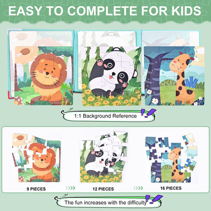 Kids Magnetic Puzzles Toddler Travel Toys Gifts for Kids, 3 in 1 Jigsaw Puzzle 37 Pieces Book,Gifts for Birthday, Thanksgiving, Christamas, Girls and Boys Age 3 4 5 6-Animal Theme Montessori