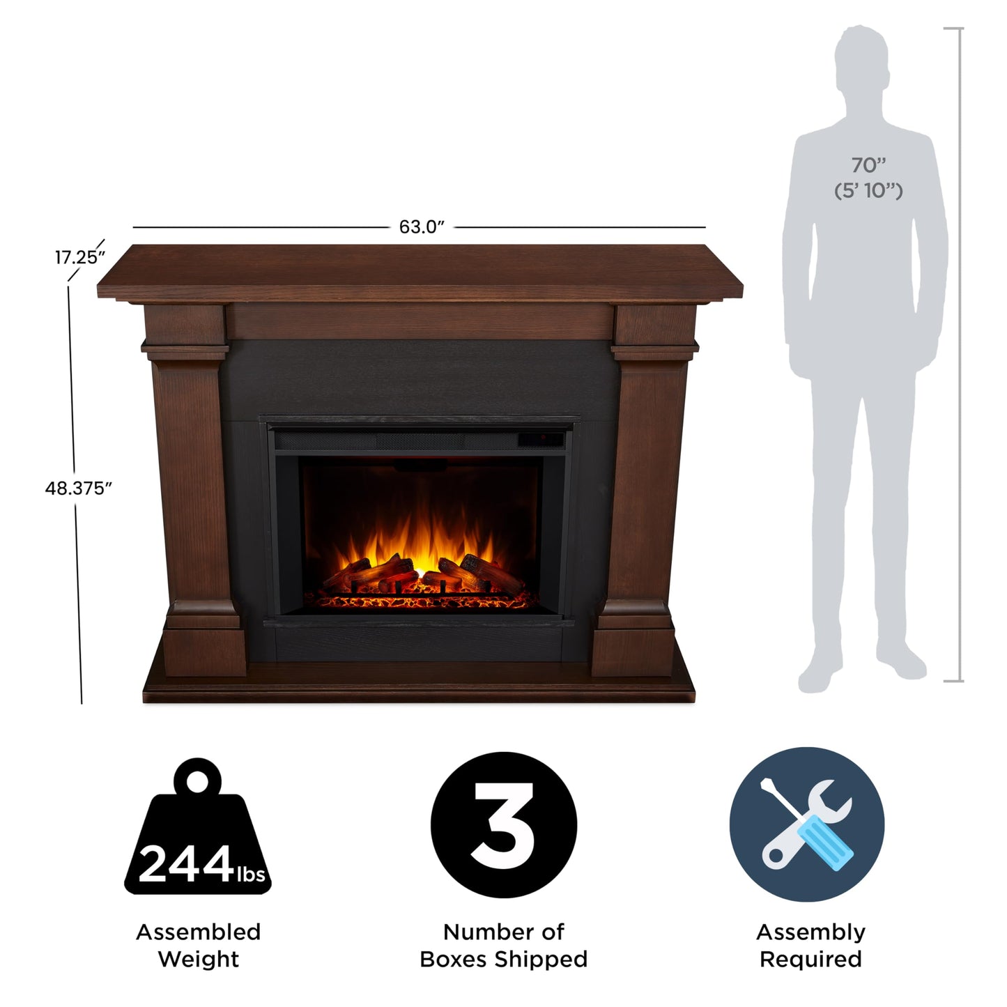 Real Flame Callaway 63" Grand Electric Fireplace with Mantel in Chestnut Oak, Free-Standing Oversized Indoor Electric Fireplace with Mantel, Adjustable Thermostat, Automatic Safety Shut-Off.