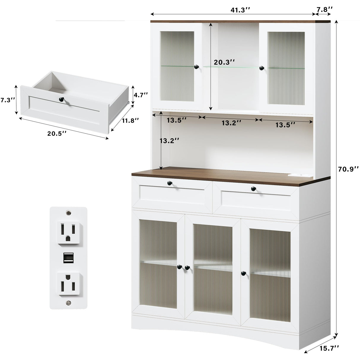HUAHUU 71" Kitchen Pantry Cabinet with Lights & Acrylic Doors, Pantry Storage Cabinet with Microwave Stand, Kitchen Hutch Food Cabinets with Charging Station, Adjustable Shelves, White HUAHUU