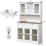 HUAHUU 71" Kitchen Pantry Cabinet with Lights & Acrylic Doors, Pantry Storage Cabinet with Microwave Stand, Kitchen Hutch Food Cabinets with Charging Station, Adjustable Shelves, White HUAHUU