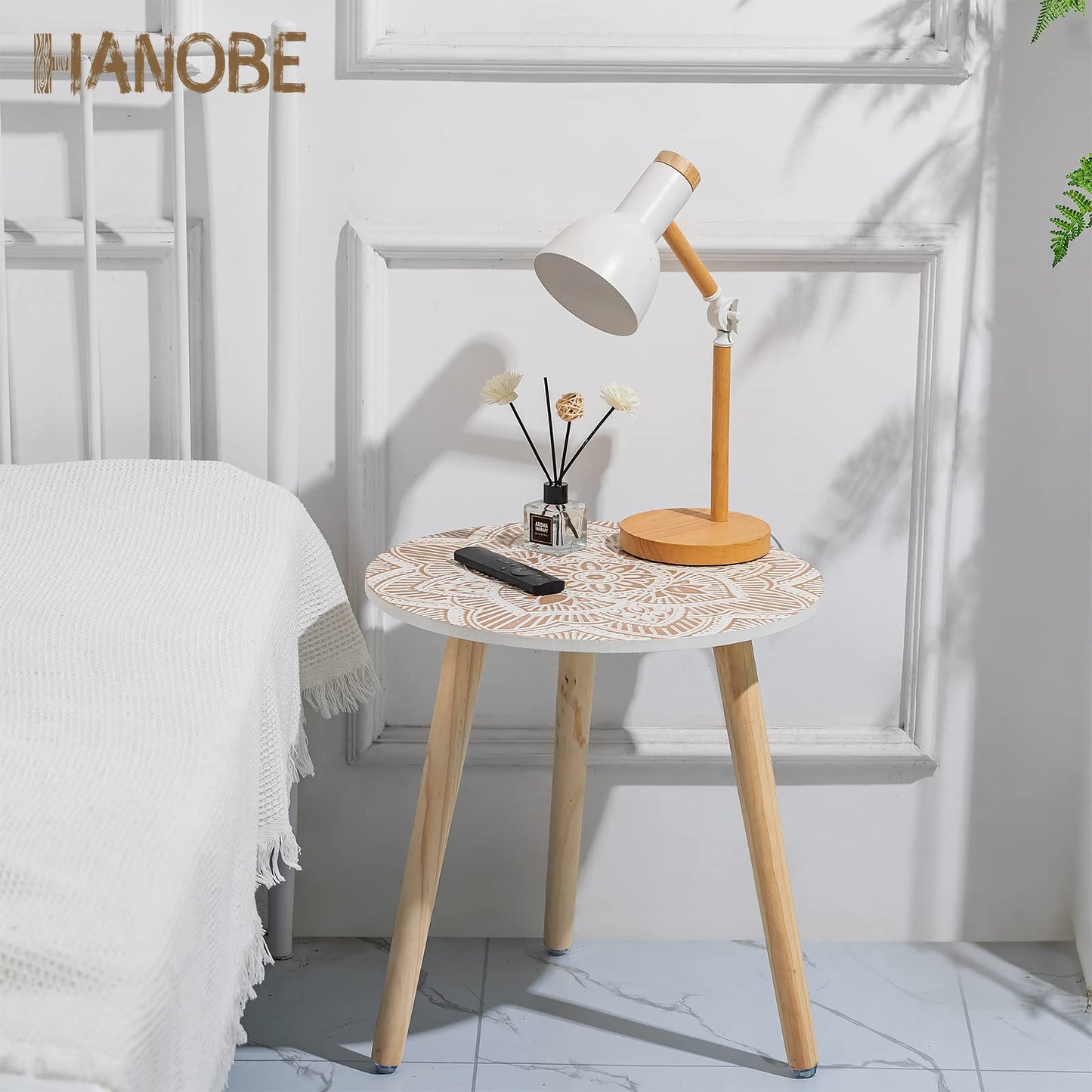 Hanobe Small Round Side Table: Boho End Tables for Living Room Bohemian Accent Bedside Table White Washed Bedroom Nightstand Farmhouse Home Decor Decorative with 3 Wood Legs, Easy Assembly - WoodArtSupply