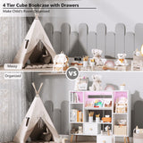 Furologee White Cube Shelf with 2 Drawers, 42inch Triple Wide Bookshelf with Power Outlets and LED Lights, 4-Tier Wood Bookcase Freestanding with Legs, Large 8 Cube Organizer for Bedroom, Living Room Furologee