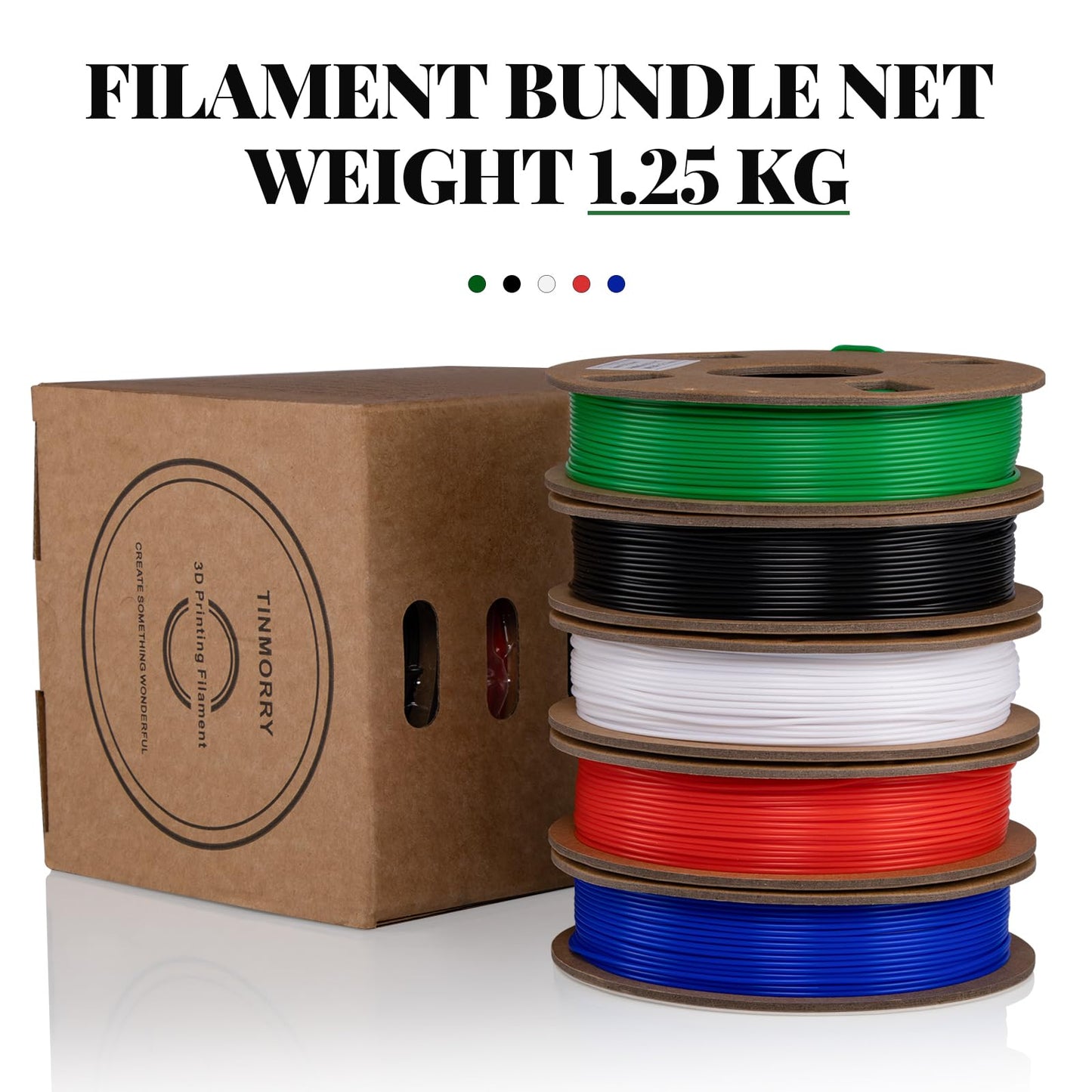 PLA 3D Printer Filament Bundle, TINMORRY PLA Filament 1.75mm, 250g x 5 Spools, Black+White+Blue+Red+Green, Net Weight 1.25kg - WoodArtSupply