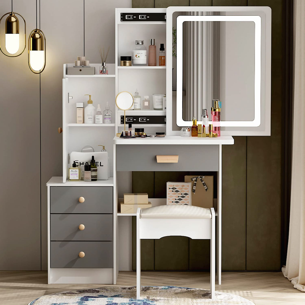 AGOTENI Small Vanity Table Makeup Vanity Dressing Table with Mirror, 4 Drawers & Shelves, Dressing Desk and Cushioned Stool Set (White/Grey, Slidding Lighted Mirror) AGOTENI